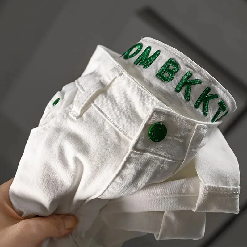 High-End White Jeans Men's 2024 Spring and Summer New Elastic Slim Fit Embroidery Trend Versatile Light Luxury Quality Pants
