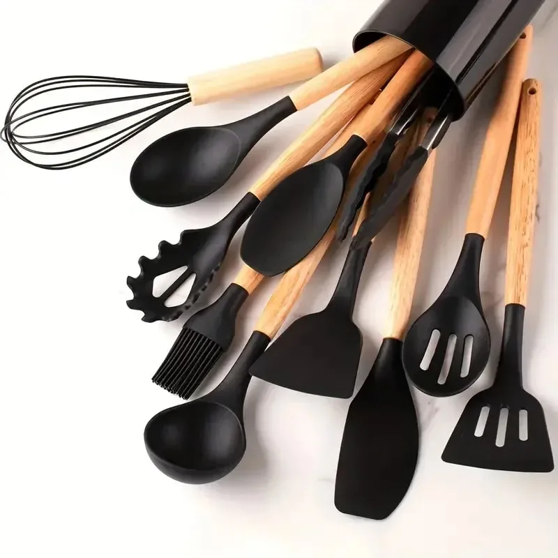 12pcs Set of Multi-color Silicone Wooden Handle Kitchenware Set Non Stick Pot Spatula and Spoon Cooking Utensils Heat-resistant