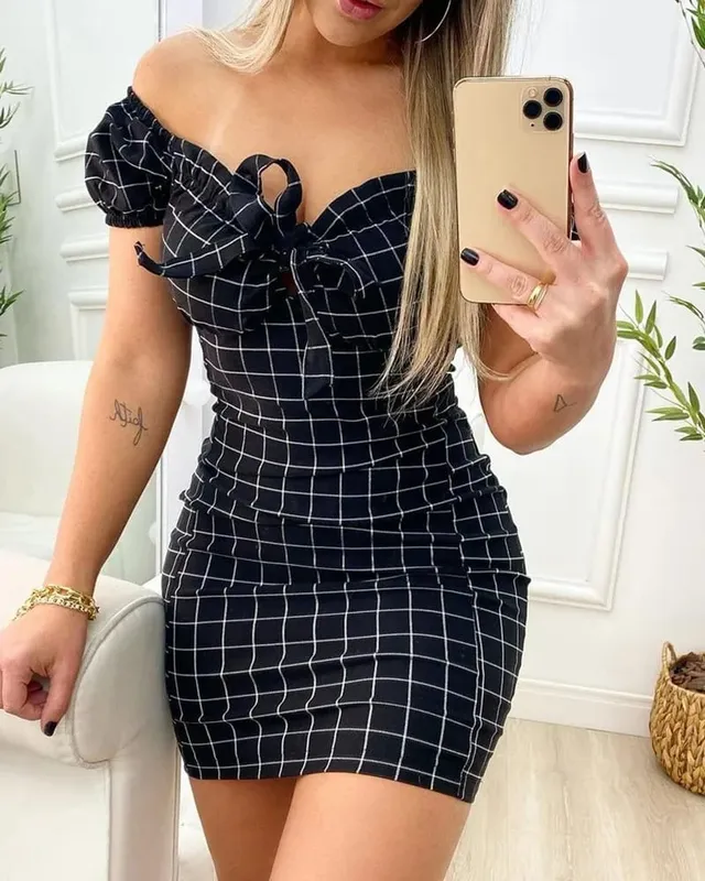 Summer dress sexy package buttocks maikling palda ng cross border grid print dress