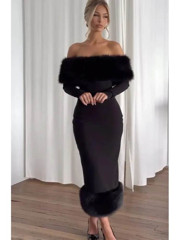 Bez ramiączek ze sztucznego futra patchworkowa sukienka damska seksowna Off ramię pełna rękaw wcięta w talii sukienki bandażowe typu Bodycon Lady Party suknia wieczorowa — image 5