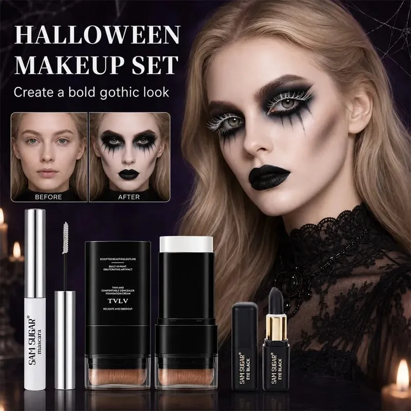3PCS Halloween Makeup Kit Mascara White Foundation Stick Black Face Paint Stick Goth Vampire Skeleton SFX Cosplay Costume Party