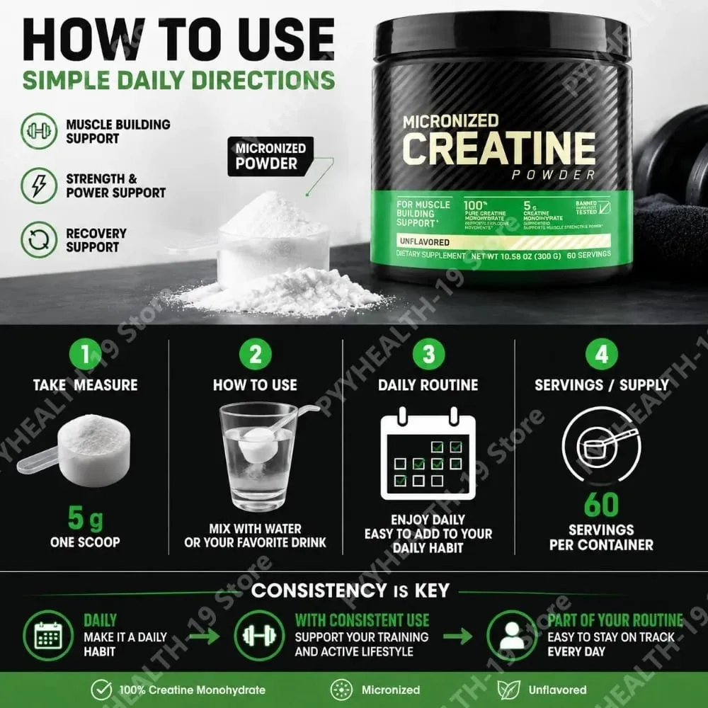 Micronized Creatine Monohydrate Pure & Unflavored Powder for Muscle Building Strength Power & Recovery Support Adults 300g