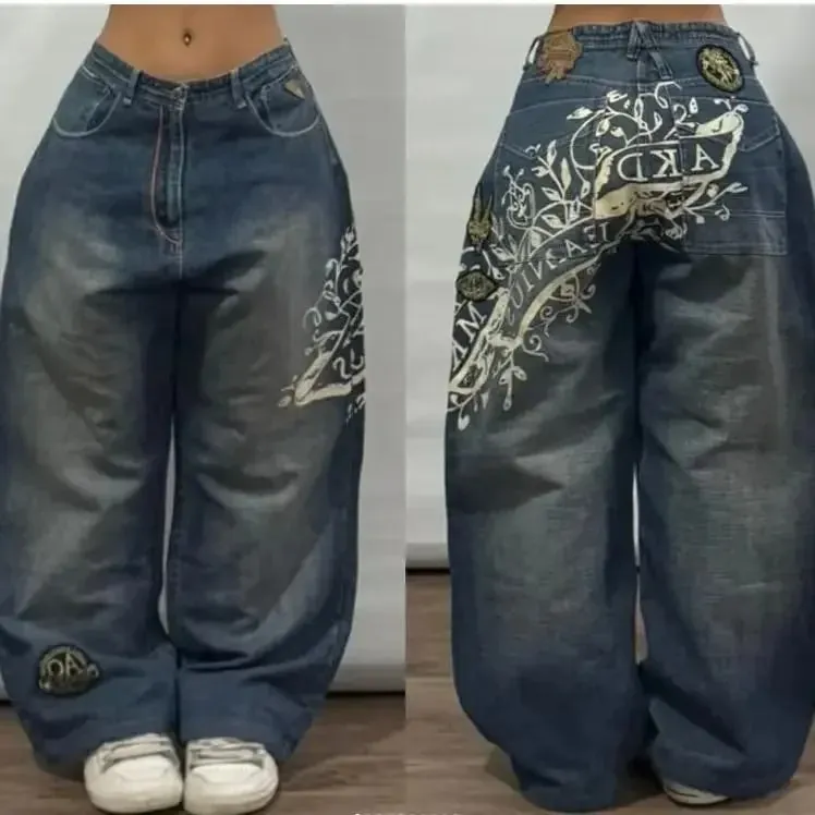 90s Gothic Centipede Embroidery Washed Oversized Wide-Leg Pants Jeans Men Y2K New Harajuku Punk Hip-Hop Rock Couple Street Wear