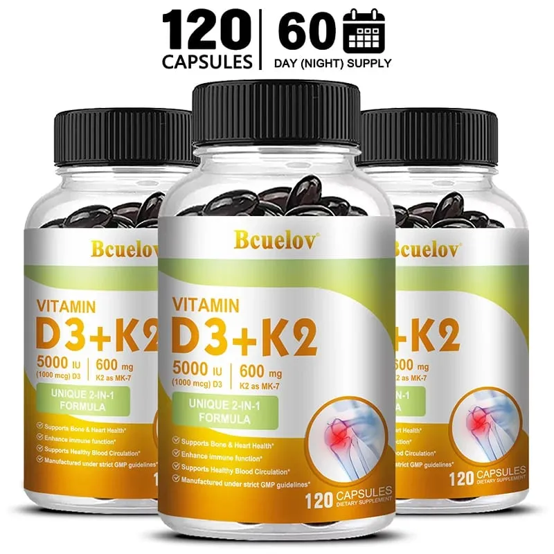 Bcuelov Vitamin D3+K2 5000 IU Vitamin D3 non-GMO formula easy-to-swallow vitamin D and K complex dietary supplement