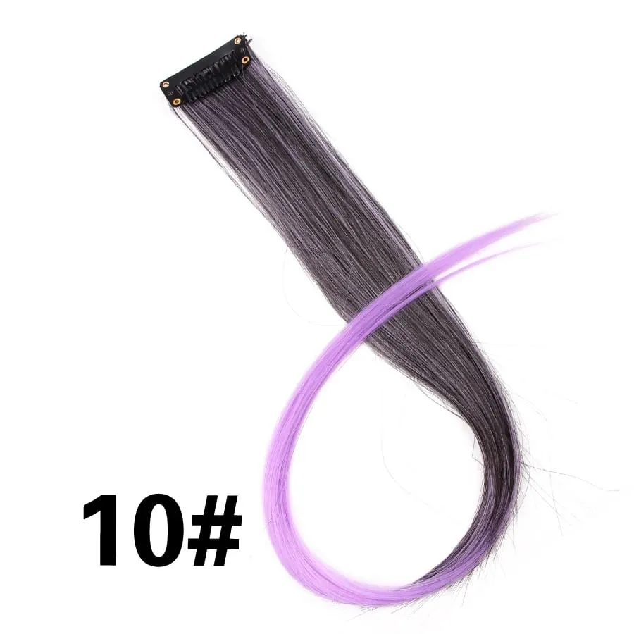 Lige farvet hårstykke Hair Extensions Clip In Highlight Regnbuehår Pink Blå Lilla Syntetisk på klips til kvinder piger — image 16