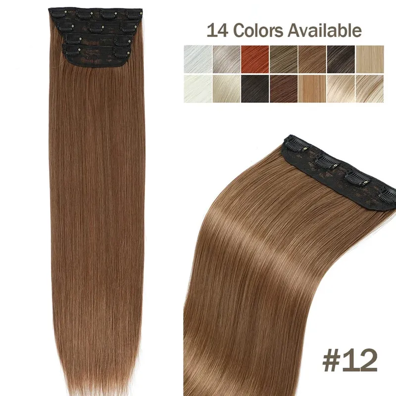 4Pcs 24 Inch Clip In Hair Extensions 200g Colored Brown Blonde Synthetic Heat Resistant Straight Hairpieces Thick Ends For Women