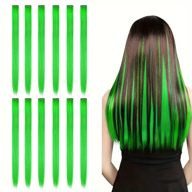 12 Pcs Colored Hair Extensions: Straight Hairpiece Multi-Color Party Highlights Clip-in Synthetic Hair Extensions for Women