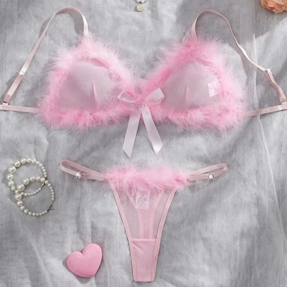 Underclothes Furry Women's Underwear Wireless Bow Decor Lingerie Set Mesh Transparent Romantic Intimate Bra Panties Suit Home — image 4