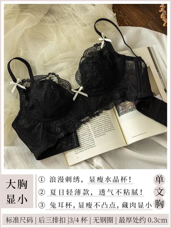 French Lace Lingerie Set Women Wirefree Minimizer Support Summer Ultra Thin Bra Large Chest Petite Look Bunny Ears
