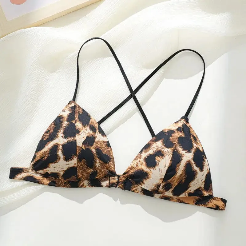 Hot Sale Leopard Print Bra French Triangle Front Closure Thin Beauty Back Spaghetti Strap Comfy Lingerie For Women Summer Daily