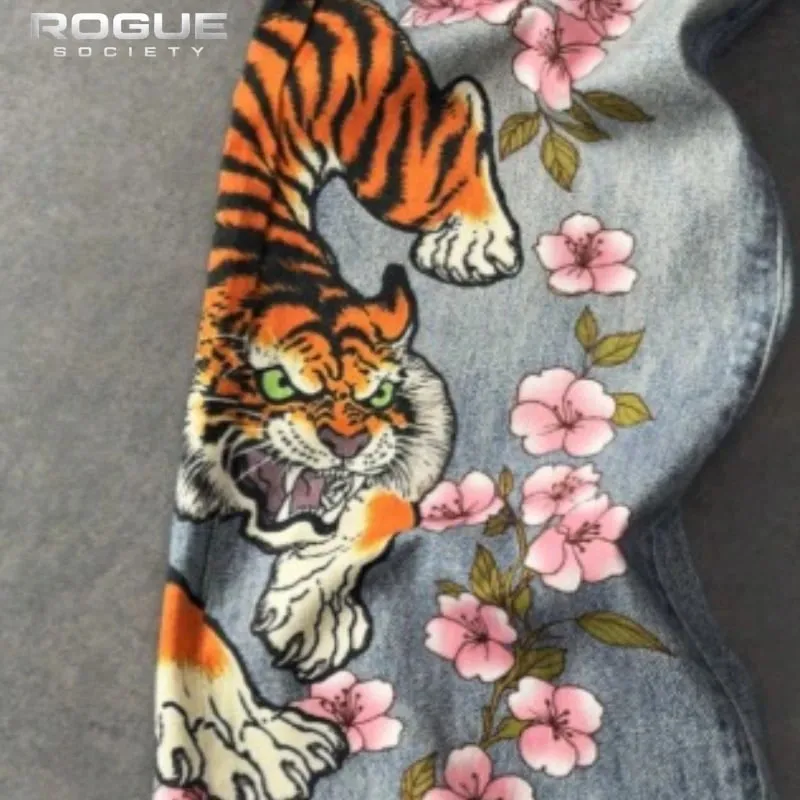 Japanese Tiger Sakura Men Jeans Summer Y2K Wide Leg Denim Pants Streetwear Hip Hop Retro Harajuku Loose Vintage Trousers Unisex
