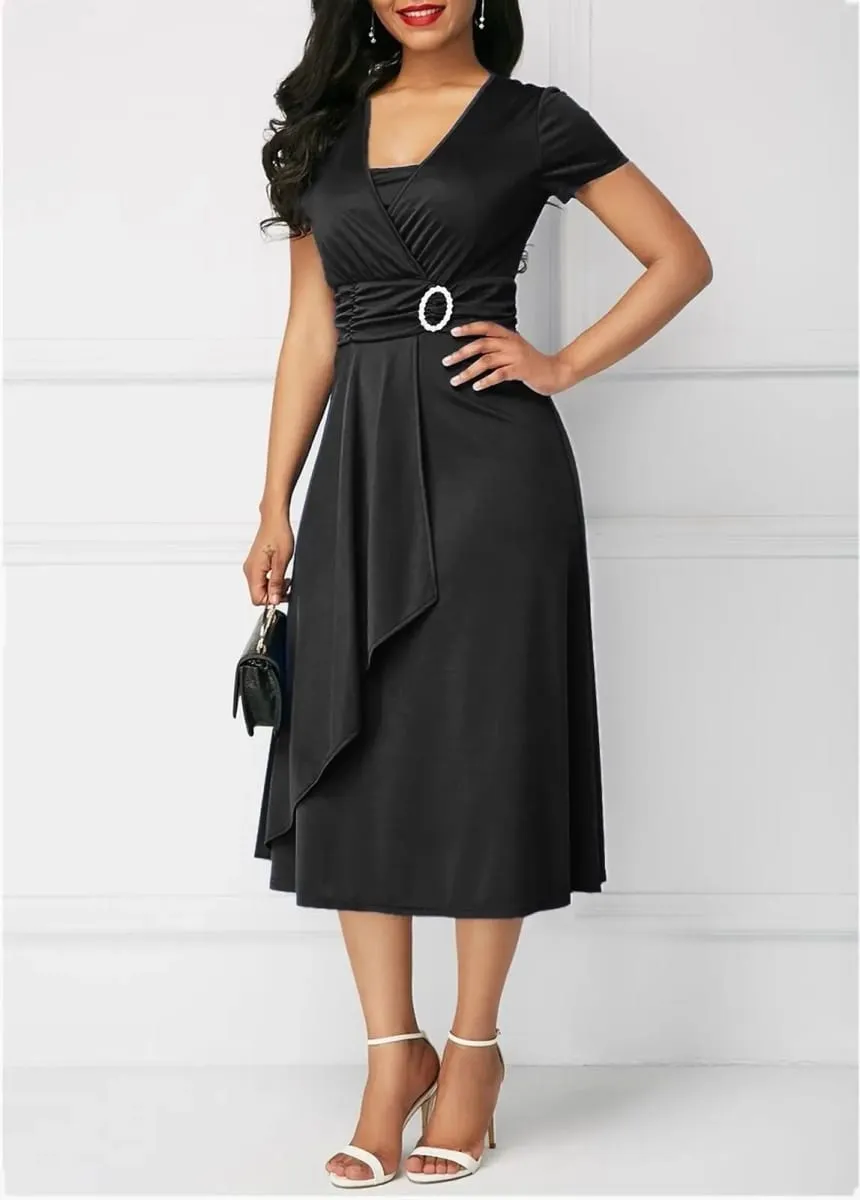 Elegant Women Solid Color Short Sleeve V Neck Asymmetric Hem Waist Tight Midi Party Dress Ladies Evening Vestidos DF4916