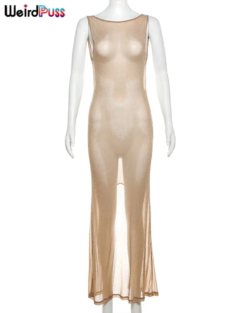 Weird Puss See Through Γυναικείο φόρεμα 2024 Summer Thin Sleeveless Glitter Splits Κοκέτα με εξώπλατο ρούχο συλλόγου Beach Sexy Vestidos