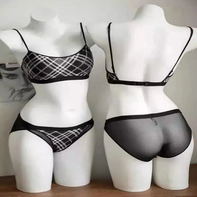 Women American Retro Plaid Intimates Set Thin Push Up Bra Anti Sagging Armpit Fat Support Comfort Everyday Wear