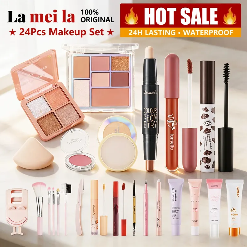 47PCS Set Waterproof Makeup Set BB Cream Eyebrow Pencil Eye Shadow Eyeliner Pencil Mascara Lipstick Loose Powder Brush Tool Set
