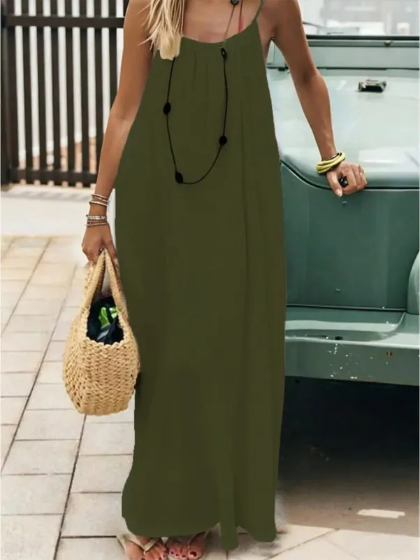 Váy cỡ lớn hở lưng màu trơn cho nữ có dây buộc dài dáng rộng thường ngày thoải mái — image 3