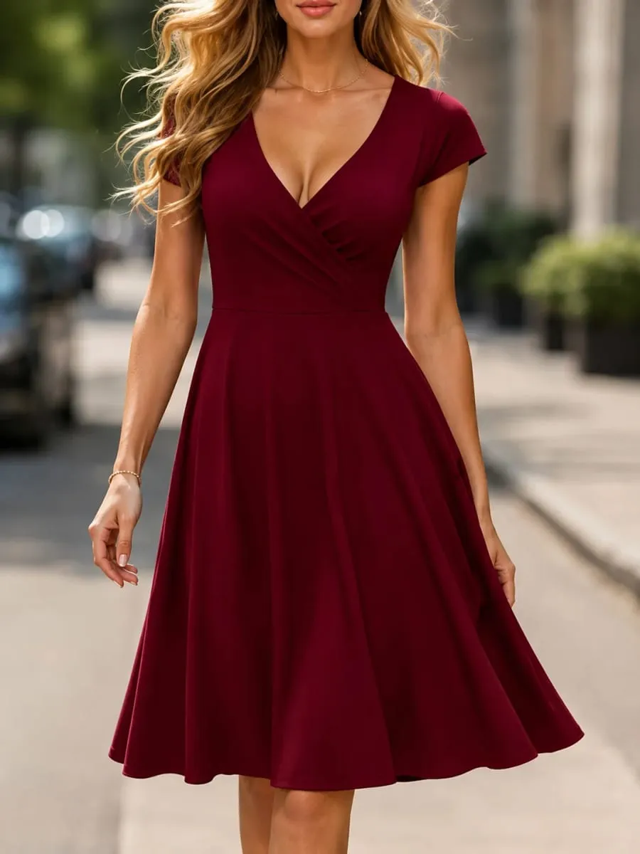 Damen-Kleid, elegant, Rundhalsausschnitt, Sommer, kurzärmelig, einfarbig, A-Linie, knielang, Kleid mit hoher Taille, für Party, Hochzeit, lässiger Abgang