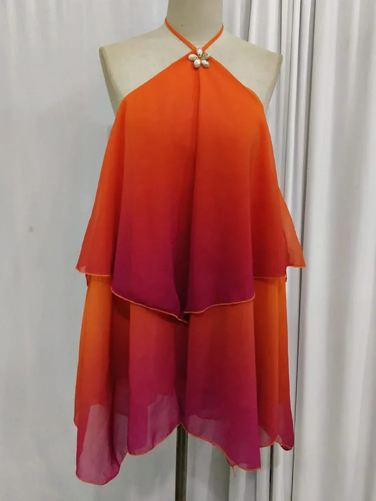 Mozision Gradient Halter Backless seksowna Mini sukienka damska suknia elegancki siatkowy zamek błyskawiczny Off-ramię bez rękawów klubowe sukienki imprezowe