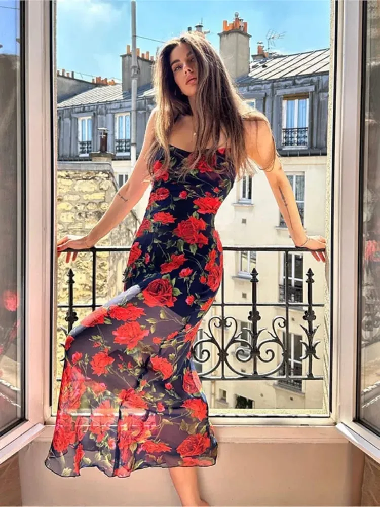 Flores imprimir vestidos de cinta de espaguete feminino temperamento pacote hip bodycon vestido longo moda sexy sem costas senhora magro vestidos