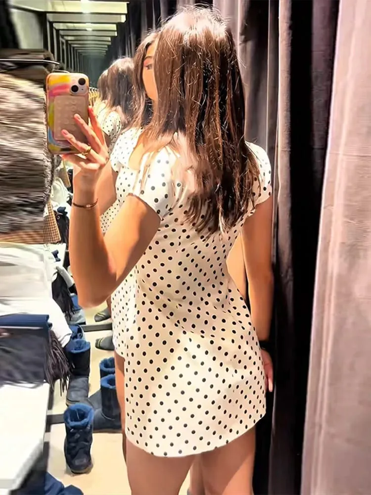 Sexy Polk Dot Women's Dress Club Lace Up Hollow Out Short Sleeve Hip Package Female Mini Dresses 2026 Spring Summer Lady Robe