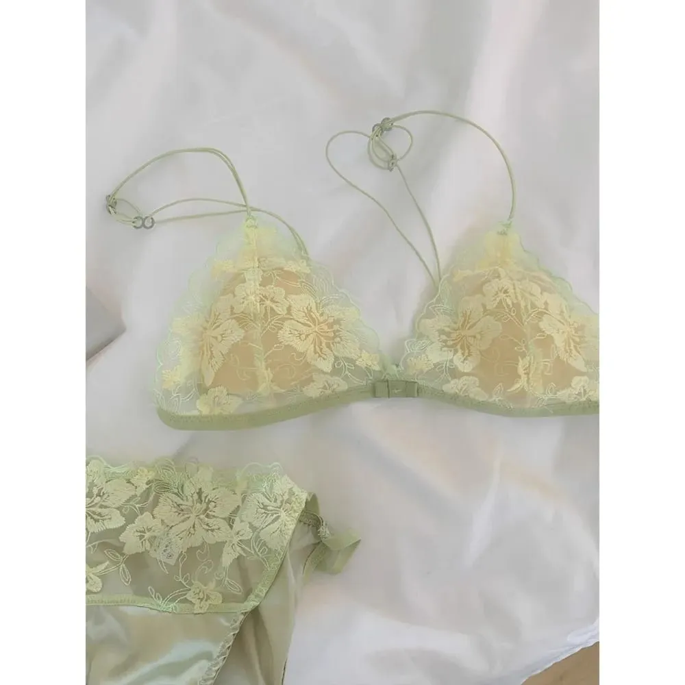 French Romantic Flower Embroidery Sexy Women's Bra Set Thin Straps Lace Seamless Underwear Set Mesh Hollow Out Lingerie