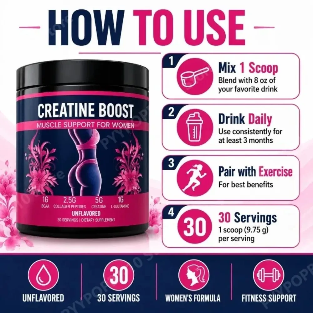 Creatine Monohydrate Powder for Women 5G Collagen Peptides BCAA Glutamine Supports Muscle Recovery & Skin Elasticity 30 Servings