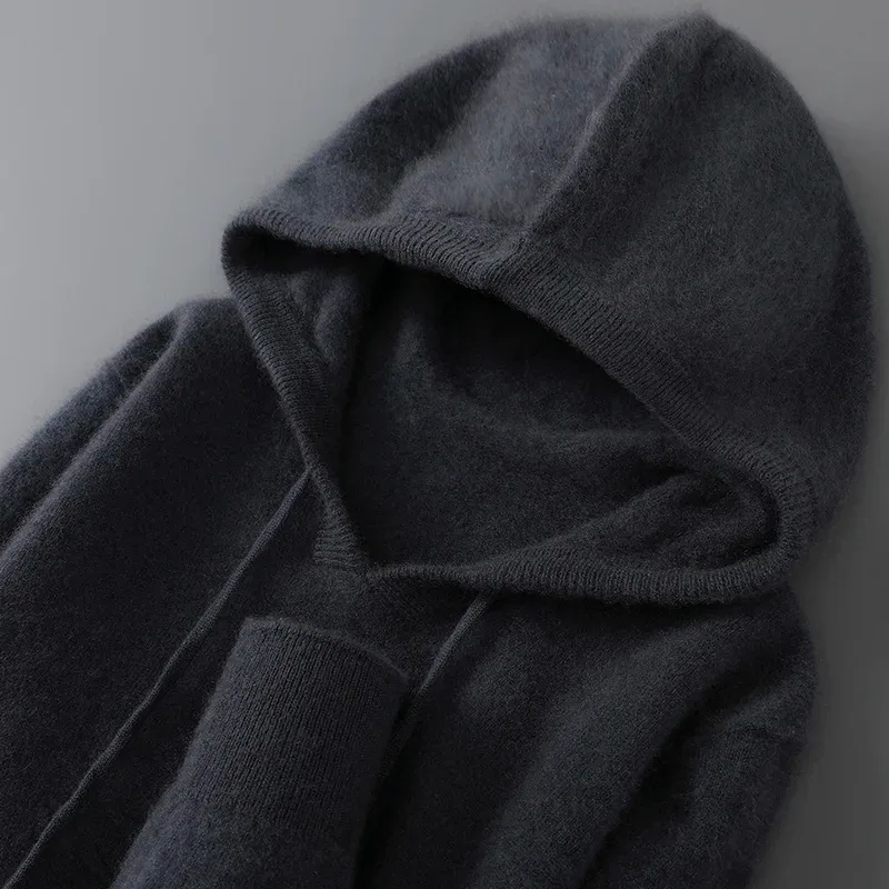 DjzDsm Herbst-Winter-Herrenpullover aus 100 % Merinowolle, dicker Kapuzenpullover, weiche Strickwaren, lässige, bequeme Wollkleidung, Oberteile