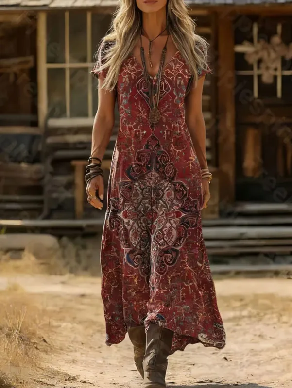 Plus Size Summer New Arrival Retro Ethnic Tie-Dye Dress V-Neck Short Sleeve Loose Boho Vacation Maxi Skirt