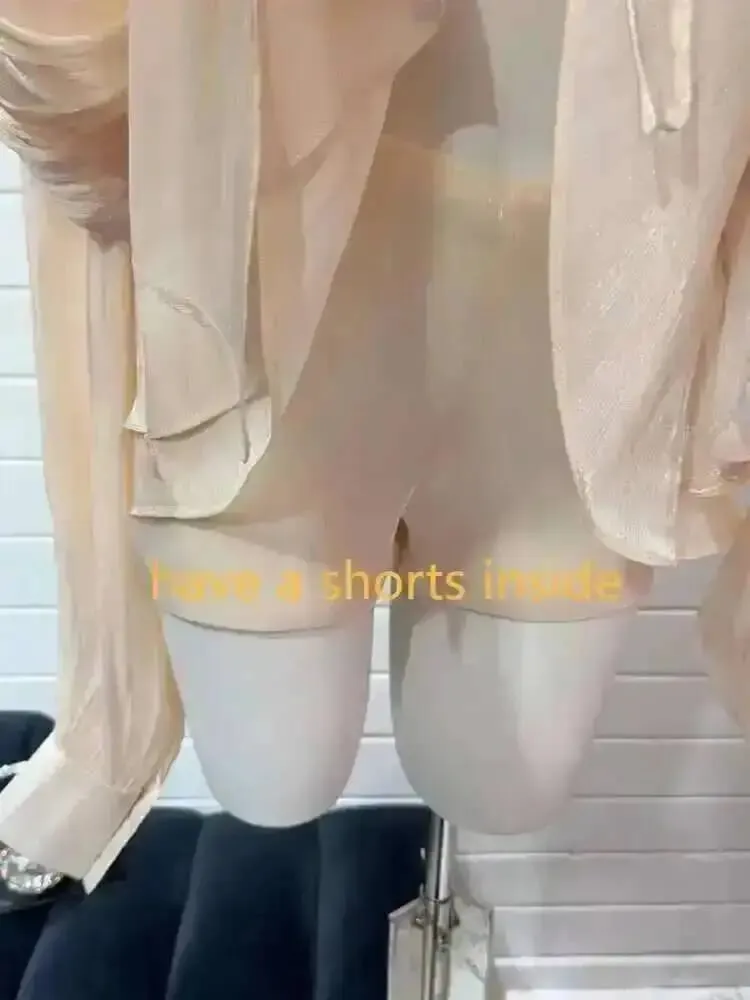 2026 Bagong Tag-init na Fashion Pambabaeng Damit Round Neck Lantern Sleeves Satin Short Dress Na May Shorts Sa ilalim ng Dalawang pirasong Set