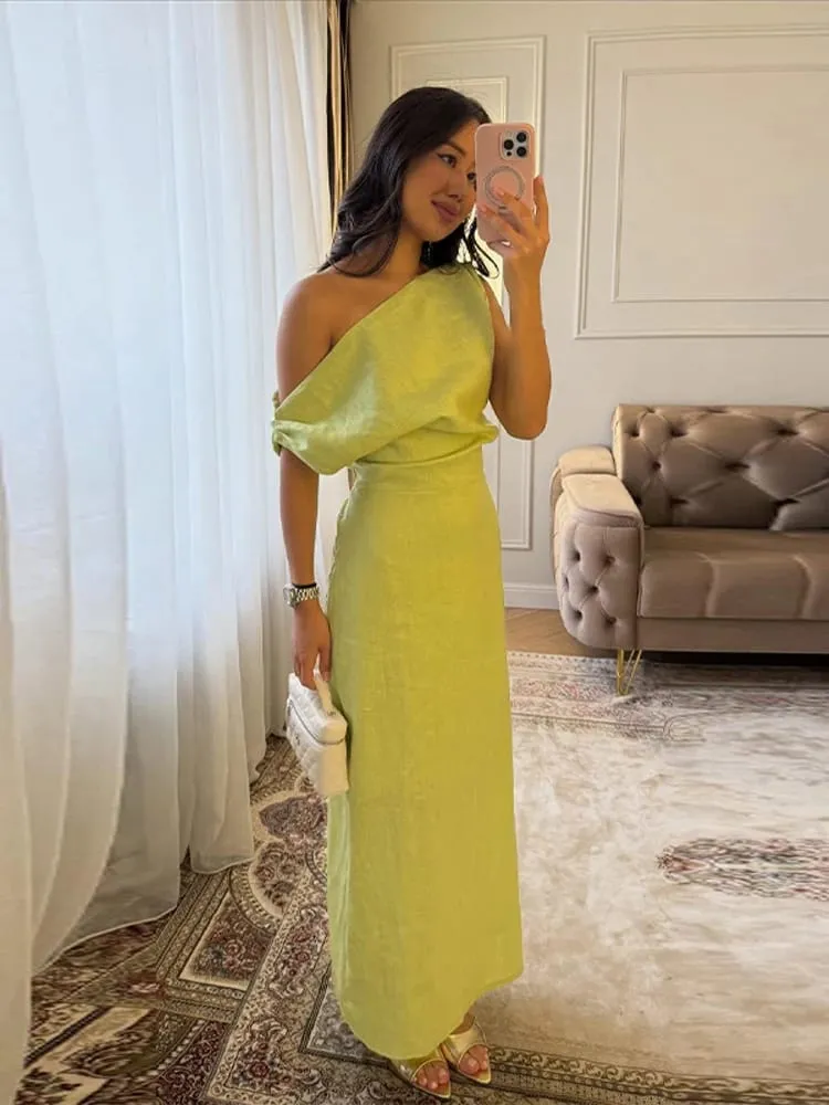 Off-shoulder Linen Maxi Dresses Pambabaeng Slim Waist-cinching Hip-wrap Ankle-length Dress 2026 Bagong Ladies Summer Solid Outwear