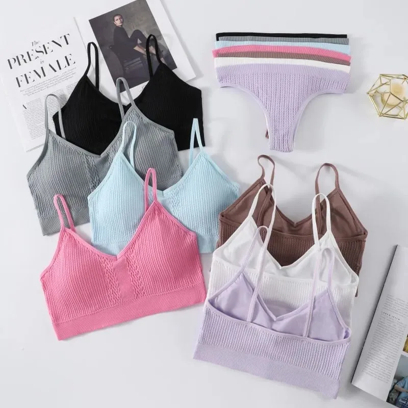 Women Seamless Bra Panties Set Push-Up Non-wire Bralette Low-Rise Briefs Sexy Lingerie Female Comfort Rib Sports Underwear Set