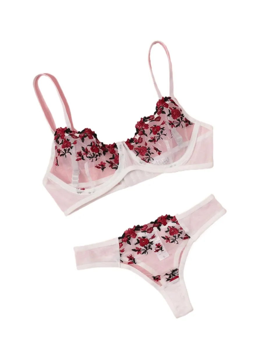 Conjunto de sujetador y bragas de lencería de encaje sexy, ropa interior para mujer, conjunto de Bralette con bordado de flores
