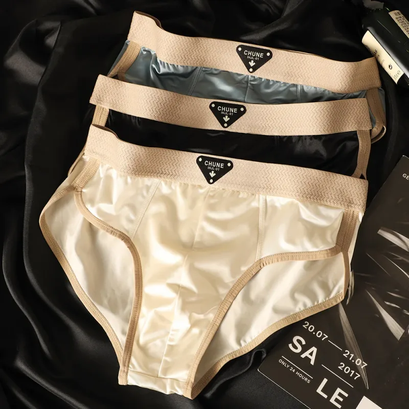 3PCS/Pack Luxury Satin-like Men's Briefs Ice Silk Hygroscopic Breathable Mesh Crotch Panties Soft High Elastic Man Underwear