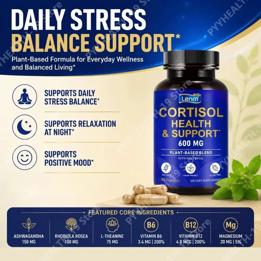 Lenm Cortisol สนับสนุนสุขภาพแคปซูล Ashwagandha Rhodiola Holy Basil L-Theanine สำหรับความเครียด Balance & ผ่อนคลายผู้ใหญ่ 90 นับ