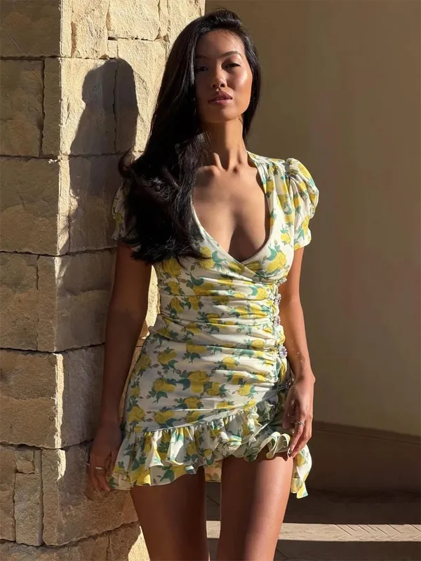 Collection Of Popular Printed Short Dress Deep V Neck A-line Bodycon Party Dresses 2026 Lady Spring Summer Vacation Outfits New