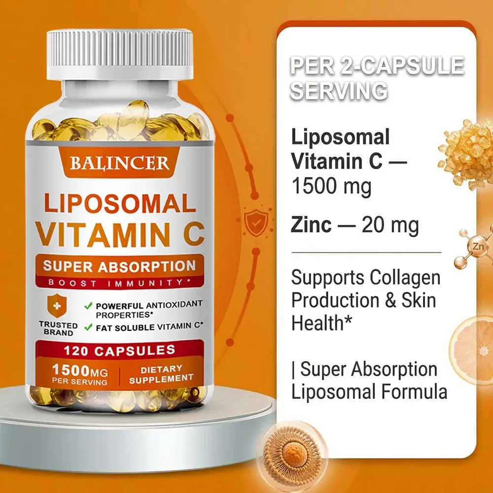 Liposomal Vitamin C 1500mg High Absorption Fat-Soluble Ascorbic Acid Immune Support Collagen Booster & Antioxidant Supplement