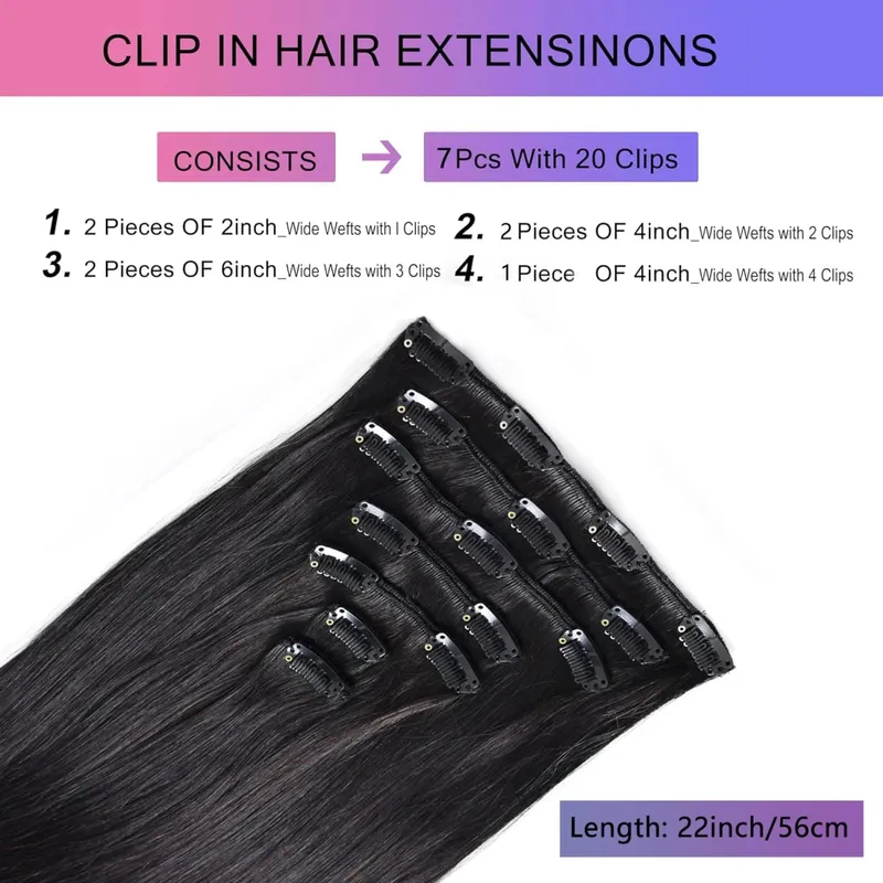 22 Inch Long straight Black Clip in Hair Extensions 130G 7pcs Synthetic Clip in Hair Extensions