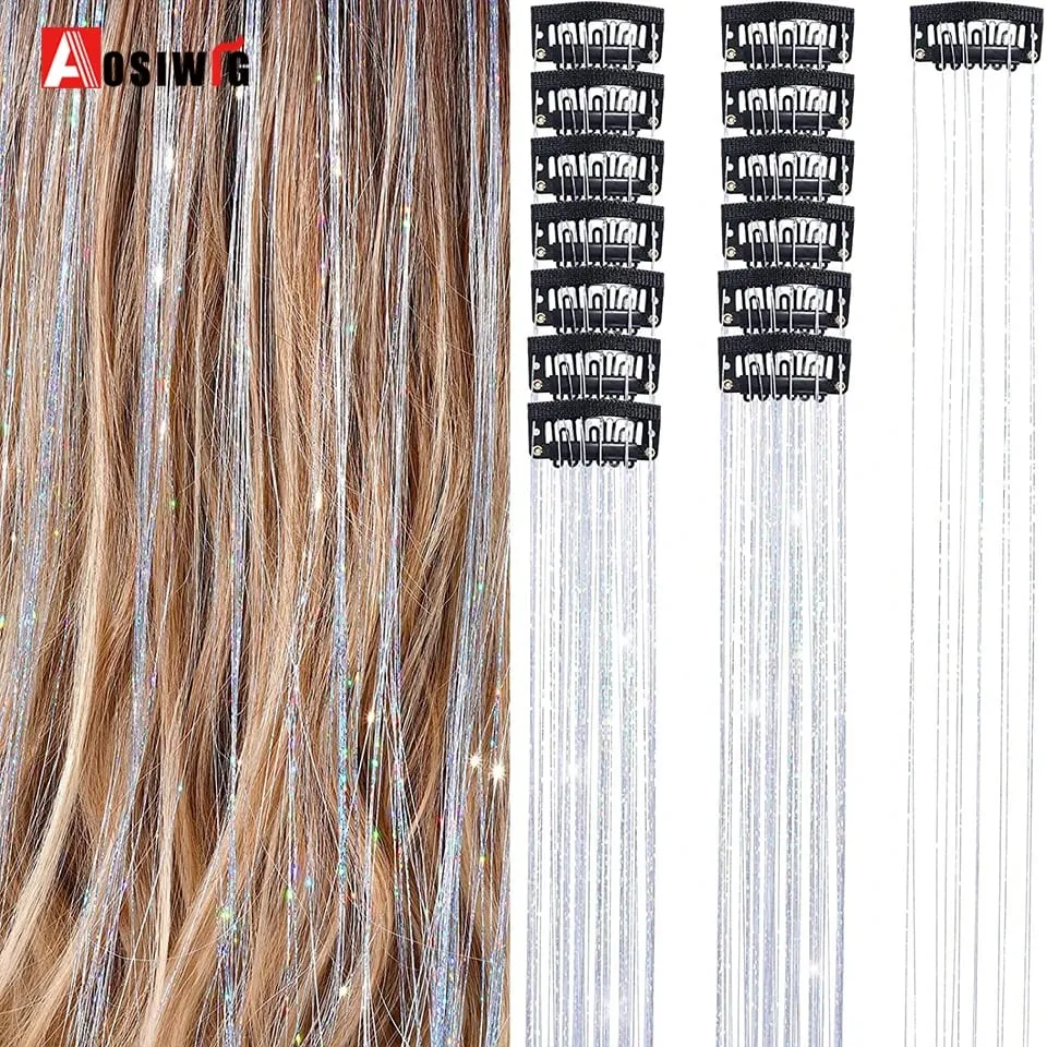 12Pcs/Pack Sparkle Blonde Hair Extensions Clip In Rainbow Shiny Sparkle Hair Tinsel Heat Resistant Sparkle Hair Extensions For W