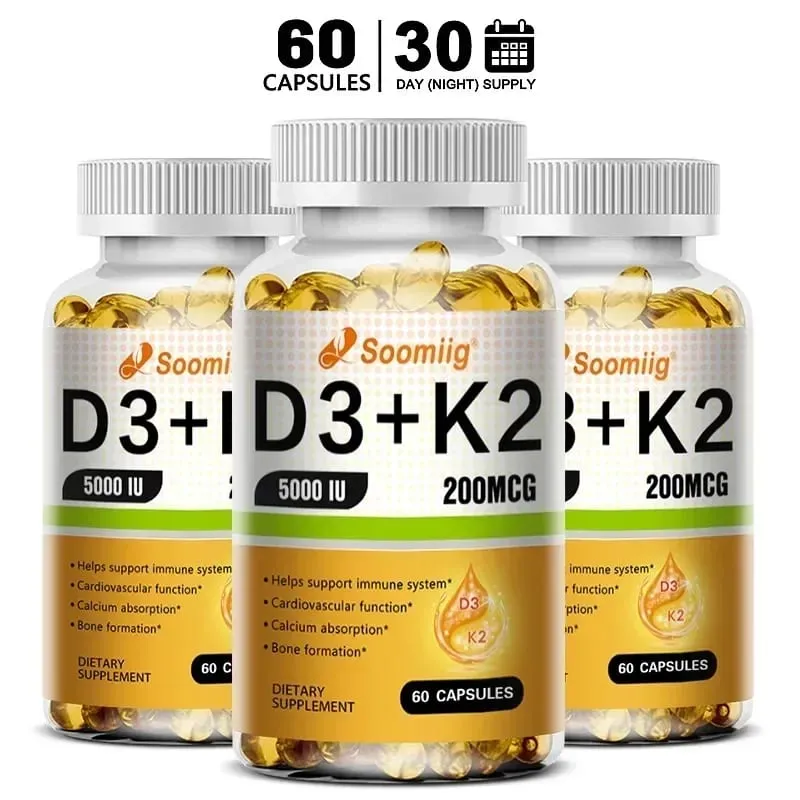 Vitamin D3 5000IU and 200 Mcg Vitamin K2 (MK-7) Capsules for Calcium Absorption Bone Regeneration Immune Support Easy To Melt