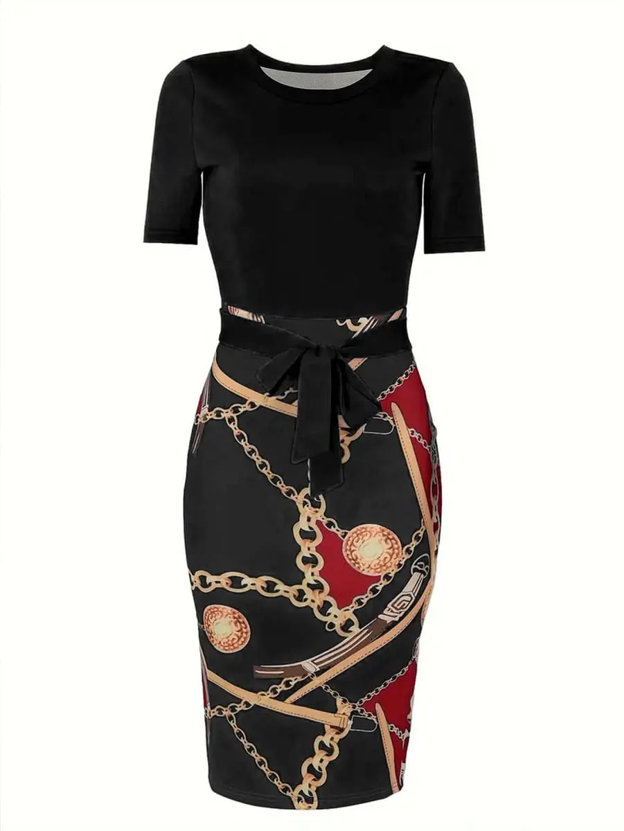 Commuter wrap-around dress Women's Colorblock Chain Print Short Sleeve Round Neck Slight Stretch Slim Fit Mini Dress With Belt