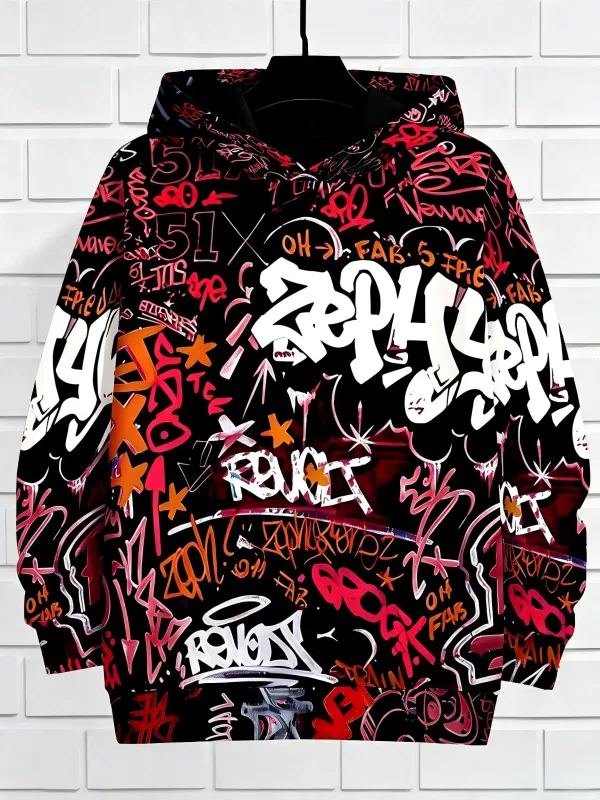 Europäische und amerikanische Herren Herbst Gothic Letter Graffiti Print Weiches und bequemes Kapuzenpullover Outdoor Street Top