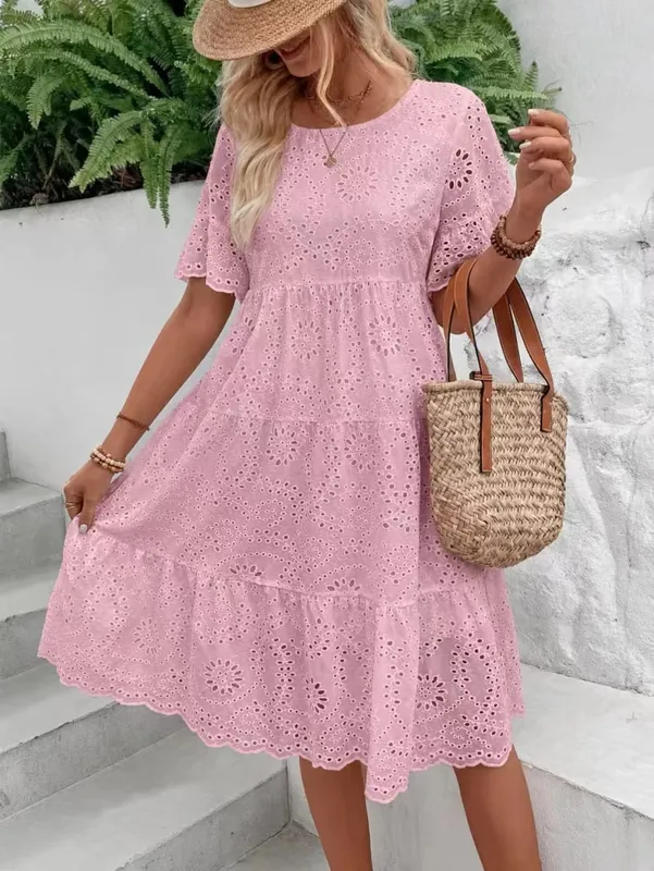 Nữ Trắng Silicon Thêu Đầm Midi Khoét Hở Boho Flowy Xù Tầng Váy Đầm Ngắn Tay Đi Biển Mùa Hè Áo — image 13