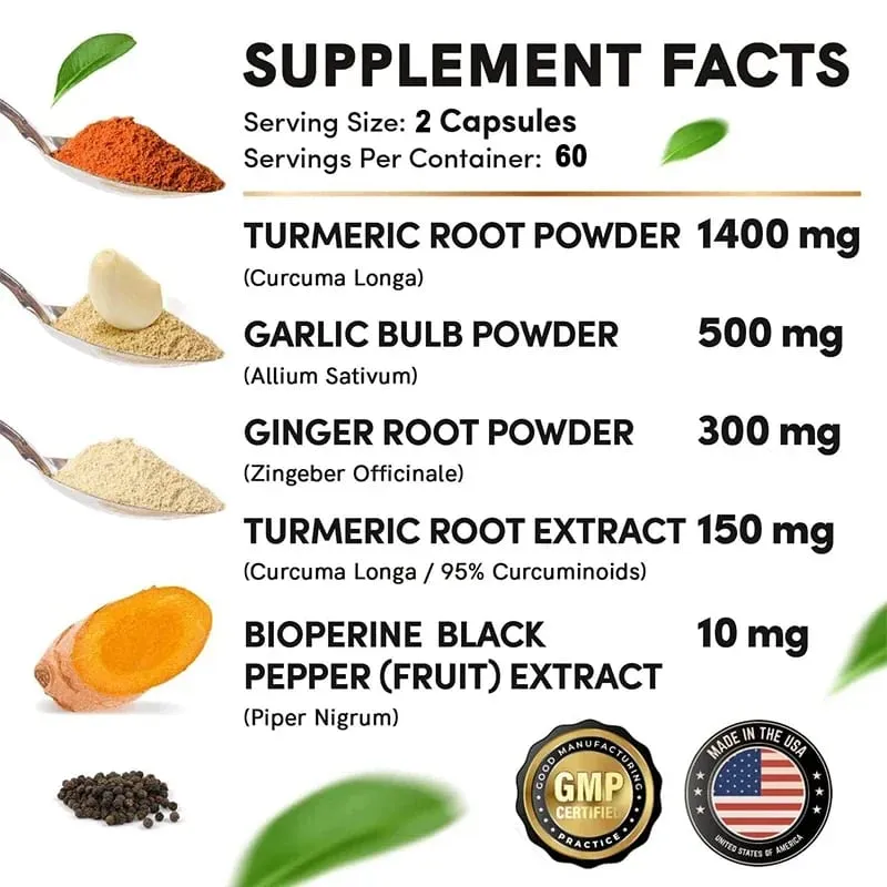 Curcumina de cúrcuma com pimenta preta para absorção ideal, melhor suplemento vegano de suporte para articulações