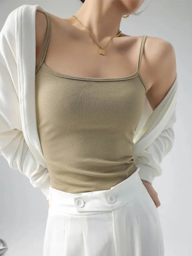 Summer Basic Tanks Spaghetti Strap Camis Solid Stretch Tops for Women Sleeveless Slim Fit Basic Solid Knitted Camisole — image 6