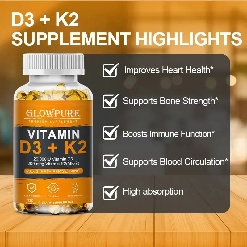 D3 K2 Vitamins Capsule for Bones Joint Calcium Absorption Cardiovascular Immune System Daily Health Supplement