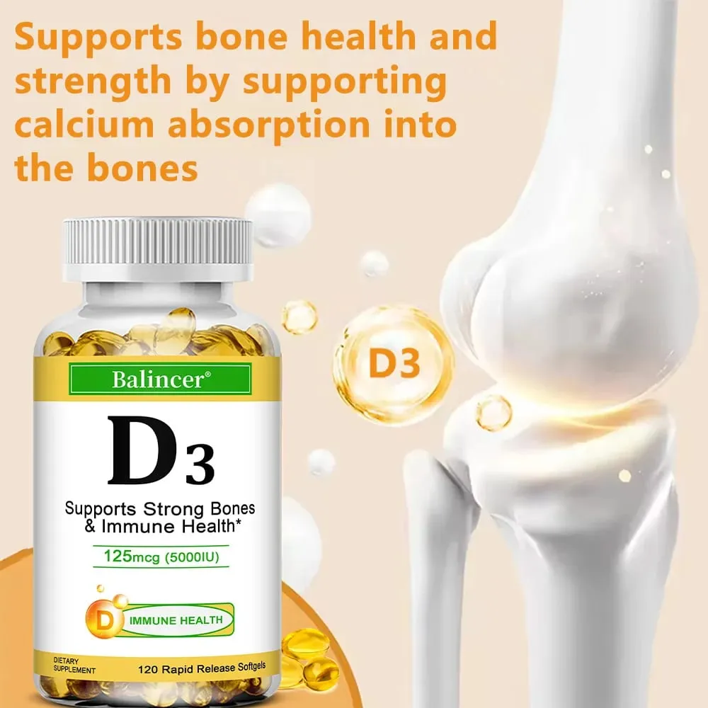 Balincer Vitamin D3 5000 IU (125 Mcg) Dietary Supplement for Bone Teeth Muscle and Immune Health Support 30/60/120 Softgels