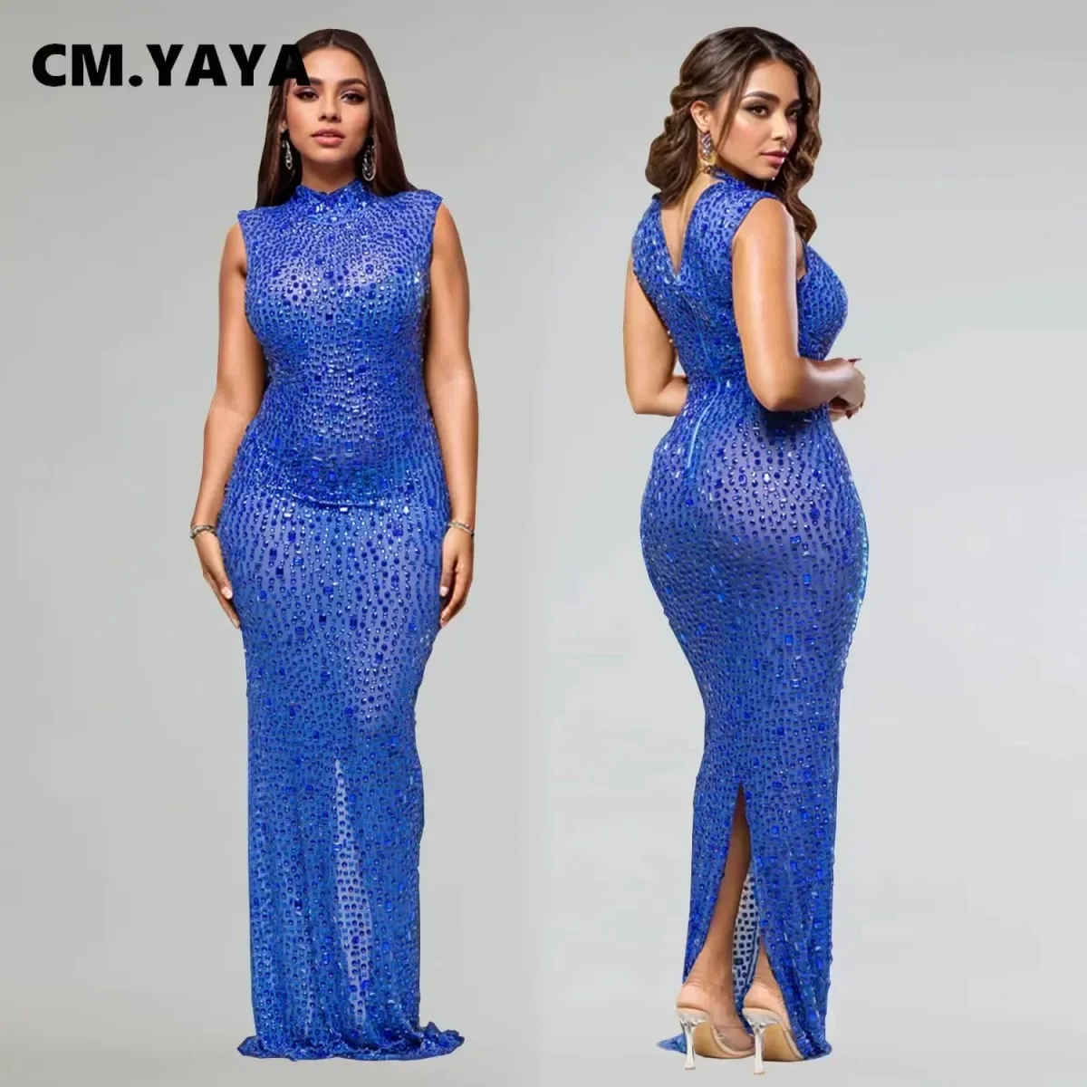 CM.YAYA 2024 Sonbahar Elmas Sıcak Rhinestones O-Boyun Kadın Kolsuz Bodycon Uzun Elbise Doğum Günü Partisi Akşam Balo Maxi Elbiseler — image 4