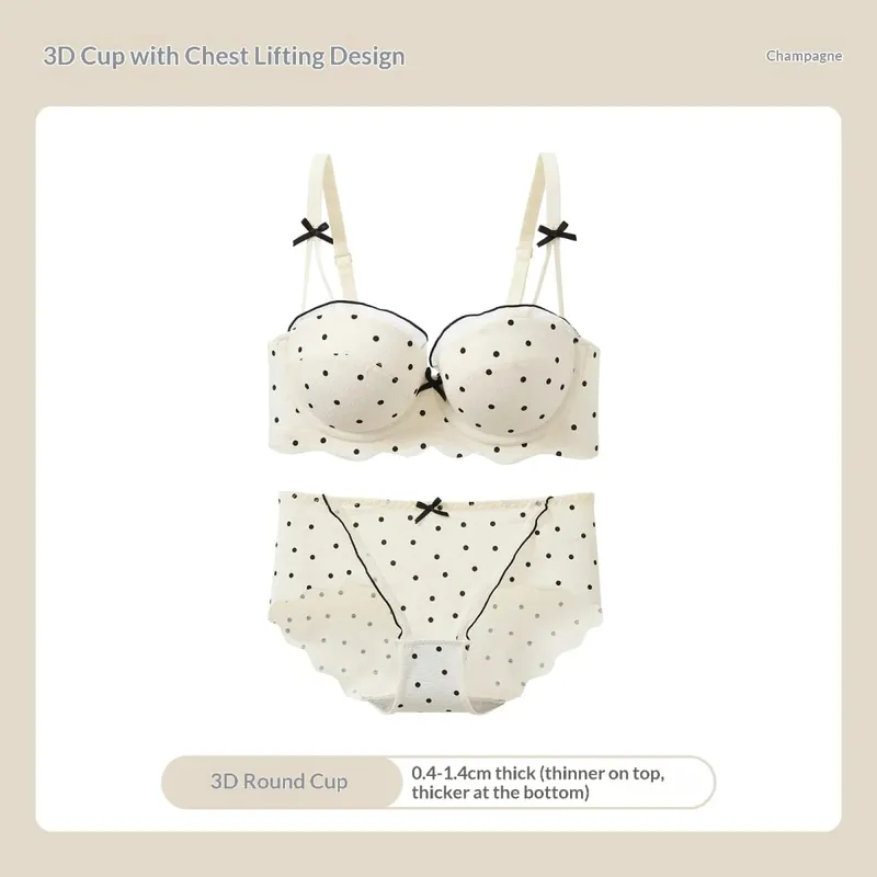 Lace Polka Dot Bra Two-Piece Set Small Bust Gathering Anti-Sagging Side Breast Collection Comfortable Wire-Free Lingerie Set