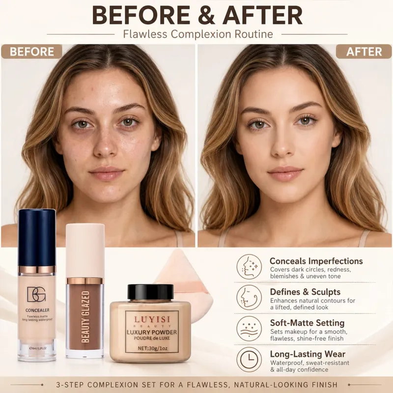 4pcs/Set:Concealer Contour Loose Powder&Puff Full Face Sculpting&Setting Kit Waterproof Long-Lasting Matte Effect Oil-Control.