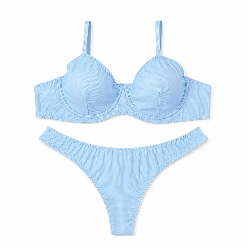 Kadınlar Katı Nervürlü iç çamaşırı seti Balenli Ince Fincan Sutyen Eşleşen Alçak Tanga Yumuşak Günlük Intimates